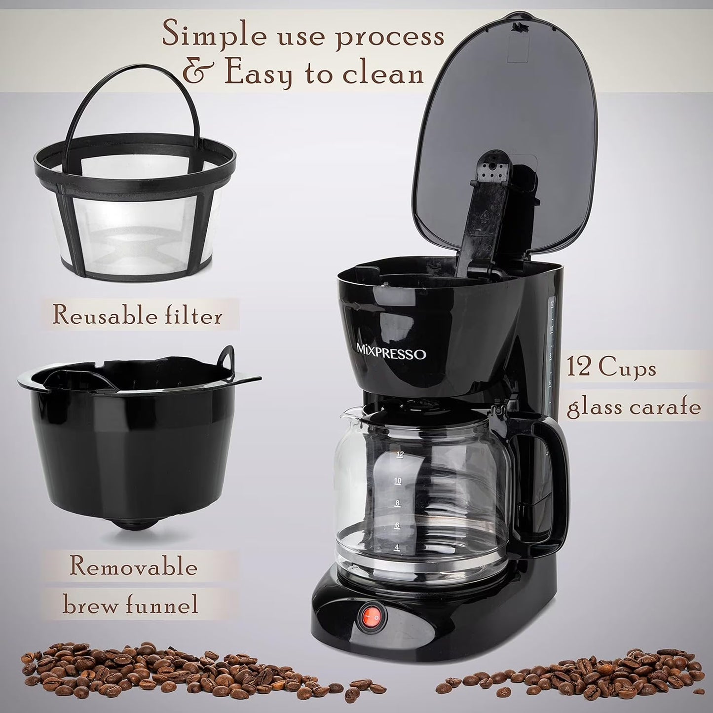 12 Cup Coffee Pot, Auto-Off & Reusable Filter, Large Drip Coffee Maker 12 Cup Borosilicate Glass Carafe, Anti-Drip Coffee Machine Water Level Window, Black Electric Coffee Maker