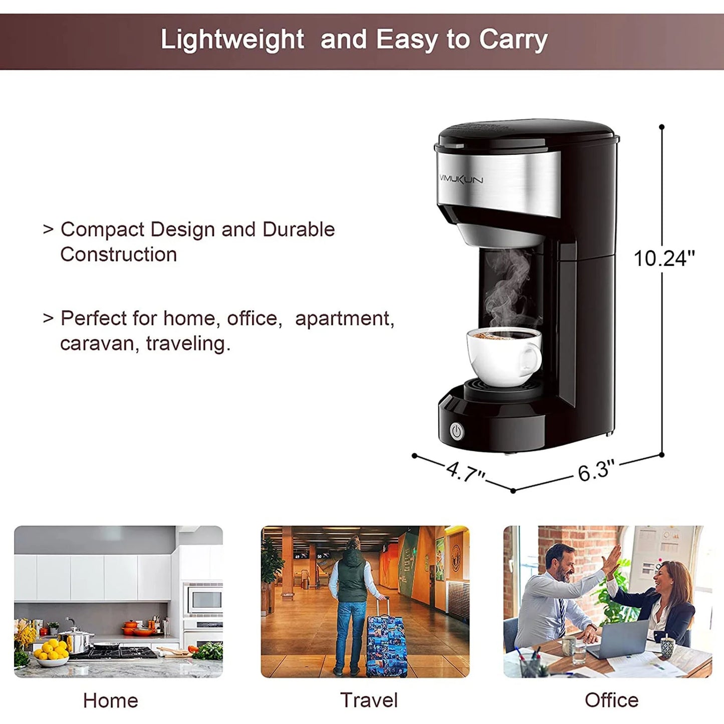Coffee Maker, Single Serve Coffee Maker Machine 6 to 14 Oz with Permanent Filter, Compatible with K Cup Pod & Ground Coffee, Mini Size Black