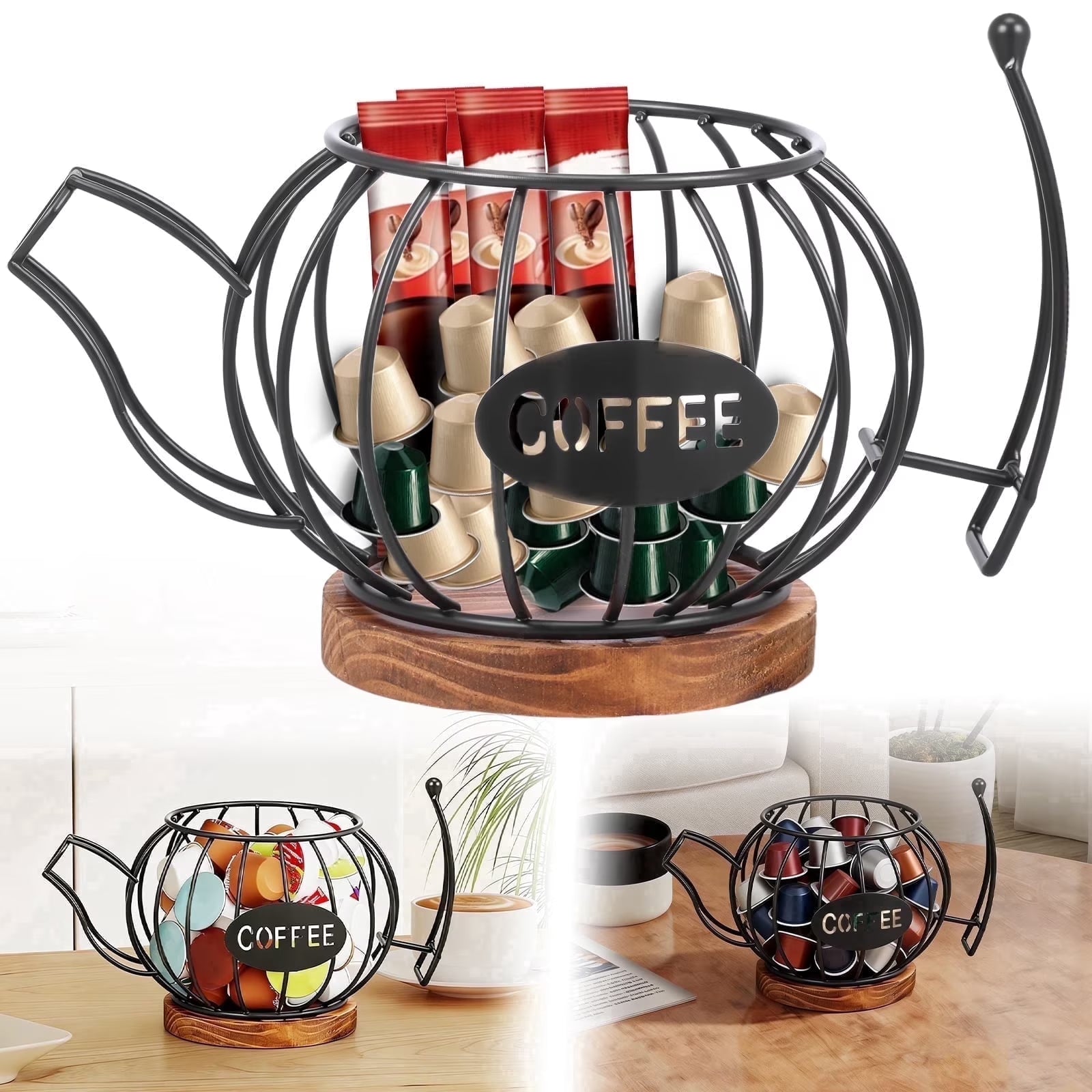 Coffee Pod Holder Organizer, Teapot Coffee Capsule Holder, K Cup Holder with Wooden Base, Wire Coffee Storage Basket, Cafe Bar Accessories