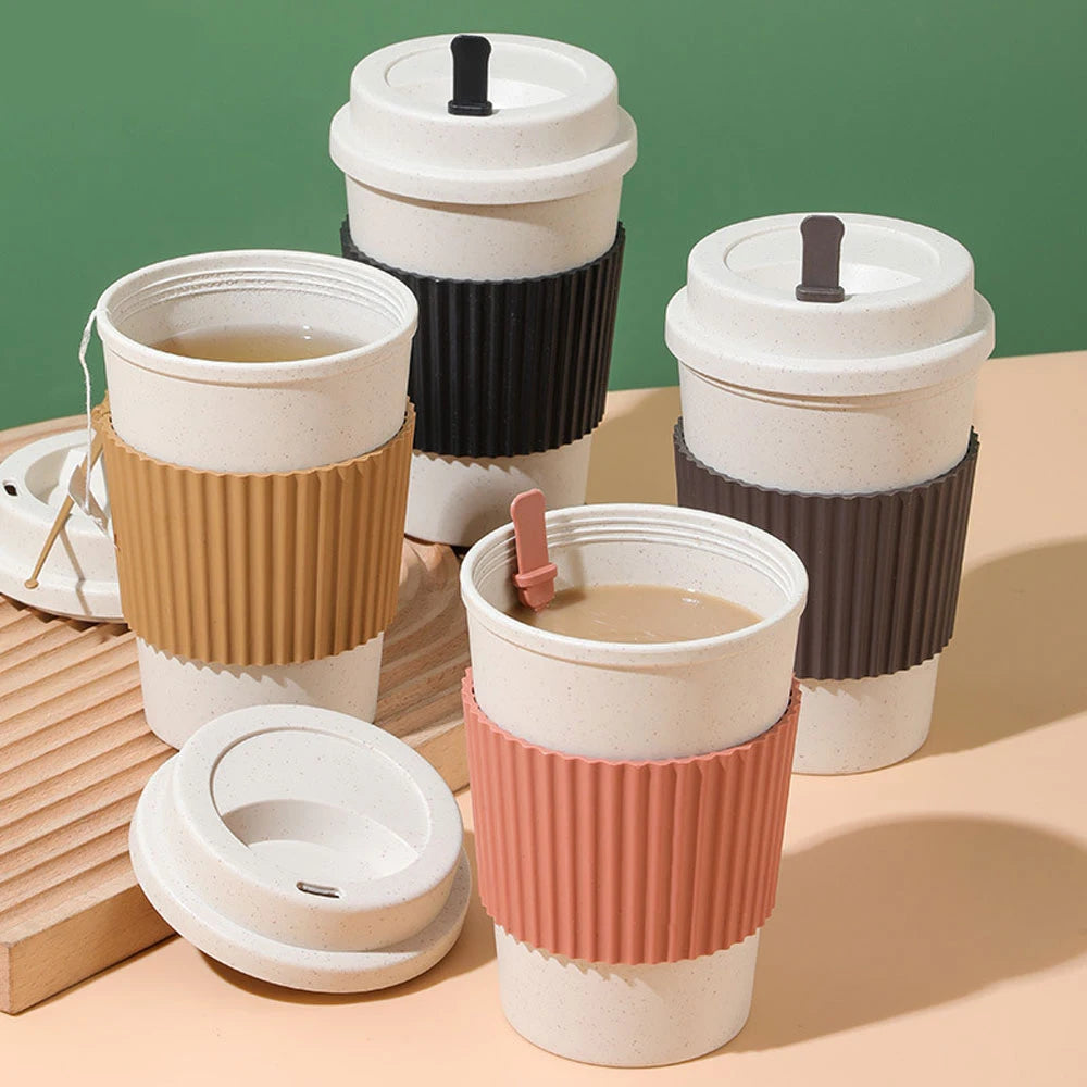 450ML Coffee Cups with Lids Wheat Straw Reusable Portable Coffee Cup Dishwasher Safe Coffee Mug Coffee Tea Travel Cups