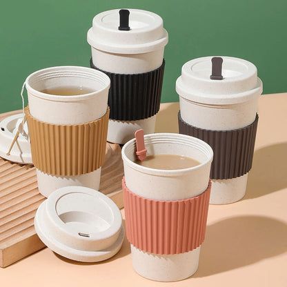 450ML Coffee Cups with Lids Wheat Straw Reusable Portable Coffee Cup Dishwasher Safe Coffee Mug Coffee Tea Travel Cups