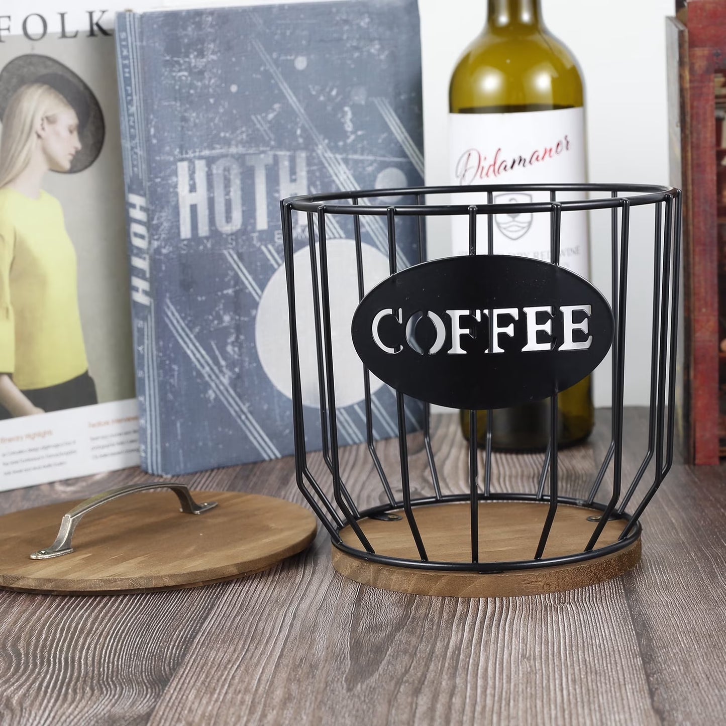 K Cup Holder Coffee Pod Holder Large Capacity Black Wire Coffee Pod Storage Organizer with Wooden Base Coffee Bar Accessories for Counter