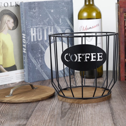 K Cup Holder Coffee Pod Holder Large Capacity Black Wire Coffee Pod Storage Organizer with Wooden Base Coffee Bar Accessories for Counter