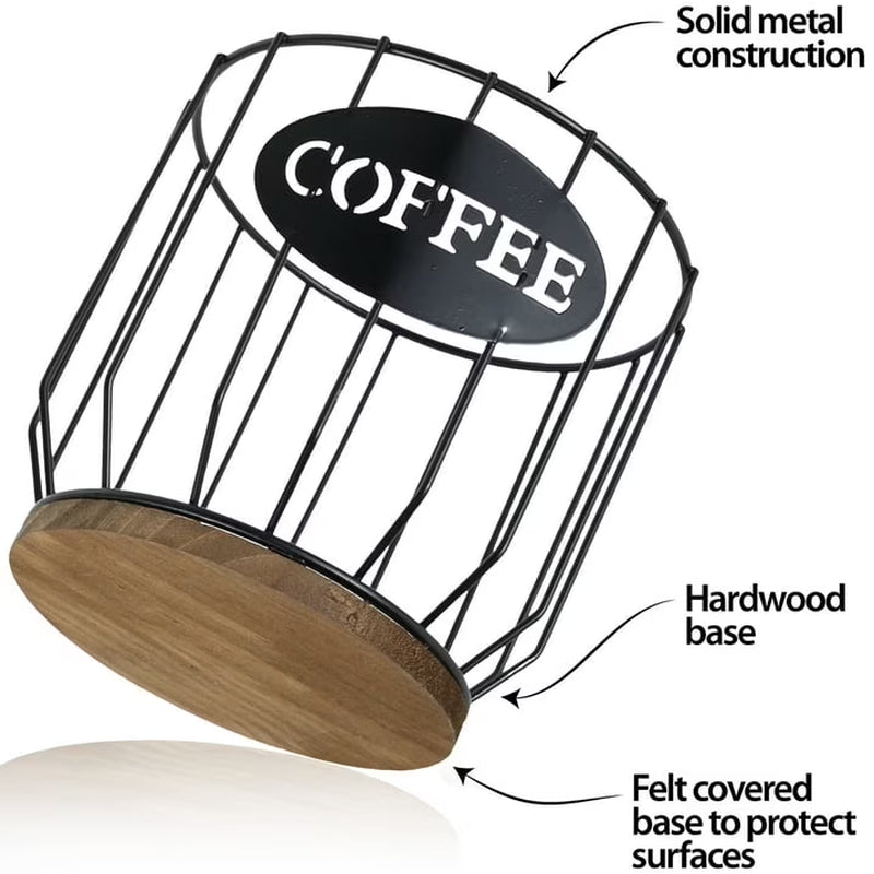 K Cup Holder Coffee Pod Holder Large Capacity Black Wire Coffee Pod Storage Organizer with Wooden Base Coffee Bar Accessories for Counter