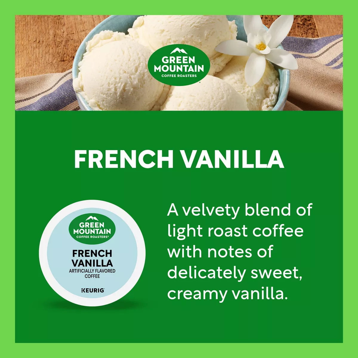 24Ct Green Mountain Coffee French Vanilla Keurig K-Cup Coffee Pods Flavored Coffee Light Roast