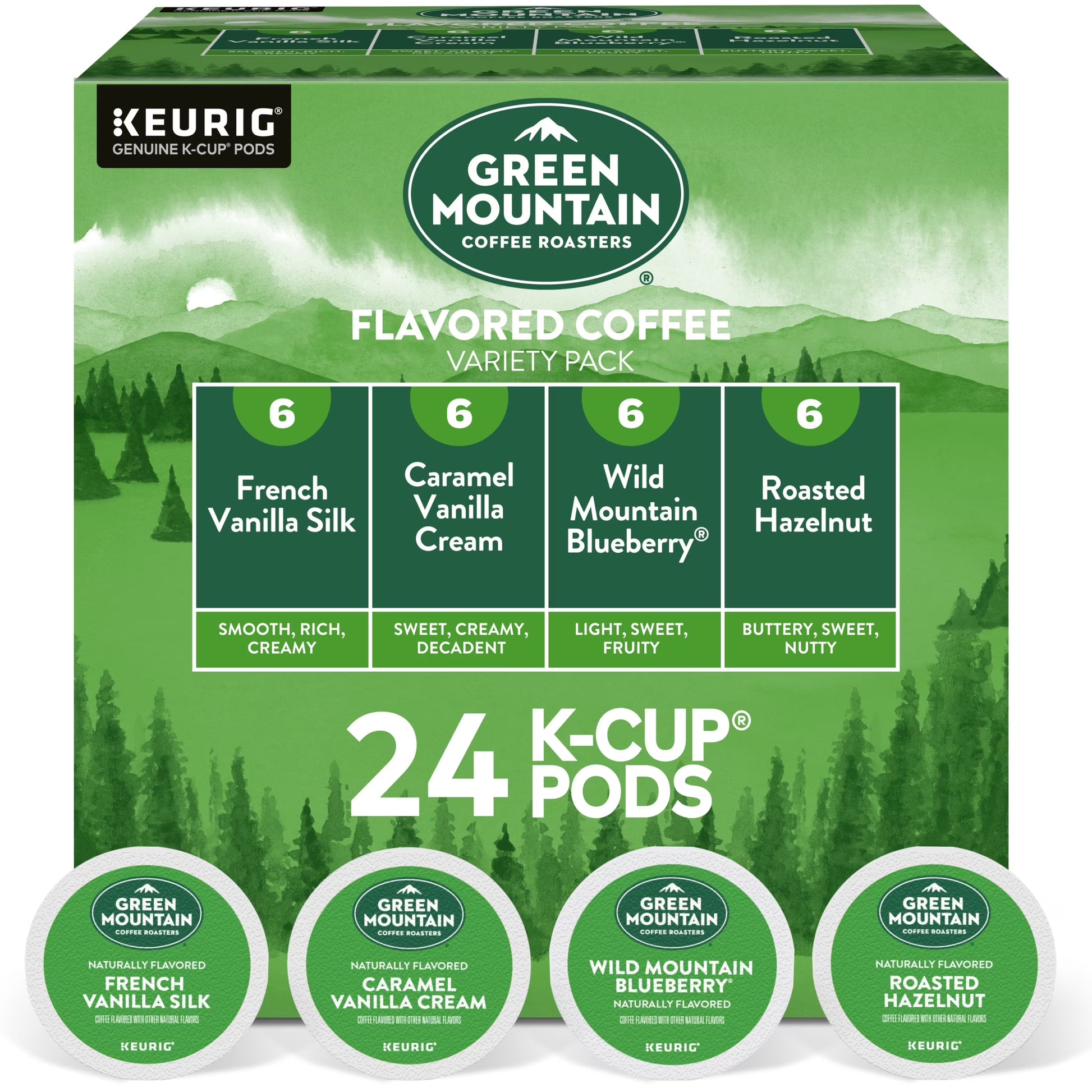 , Flavored Coffee Variety Pack Light Roast K-Cup Coffee Pods, 24 Count