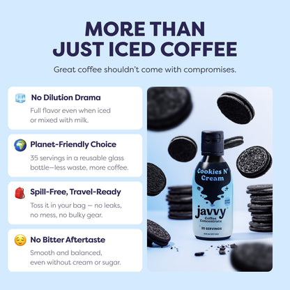 Javvy Coffee Concentrate - Cold Brew Coffee, Perfect for Instant Iced Coffee, Cold Brewed Coffee and Hot Coffee, 35 Servings - Cookies N’ Cream