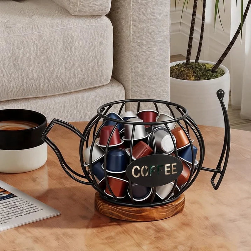 Coffee Pod Holder Organizer, Teapot Coffee Capsule Holder, K Cup Holder with Wooden Base, Wire Coffee Storage Basket, Cafe Bar Accessories