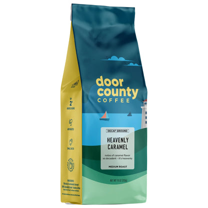 Door County Coffee Heavenly Caramel DECAF, Caramel Flavored Specialty Coffee, Caramel Flavored Coffee, Decaf, Medium Roast, Ground, 10Oz Bag