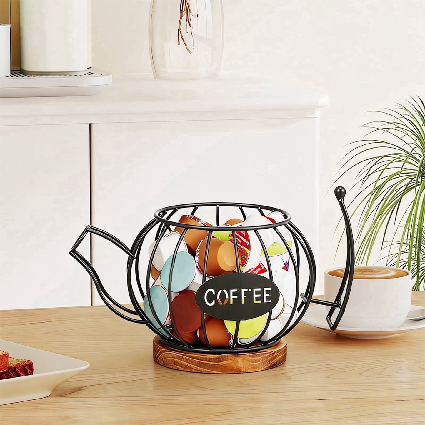 Coffee Pod Holder Organizer, Teapot Coffee Capsule Holder, K Cup Holder with Wooden Base, Wire Coffee Storage Basket, Cafe Bar Accessories