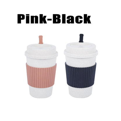 450ML Coffee Cups with Lids Wheat Straw Reusable Portable Coffee Cup Dishwasher Safe Coffee Mug Coffee Tea Travel Cups