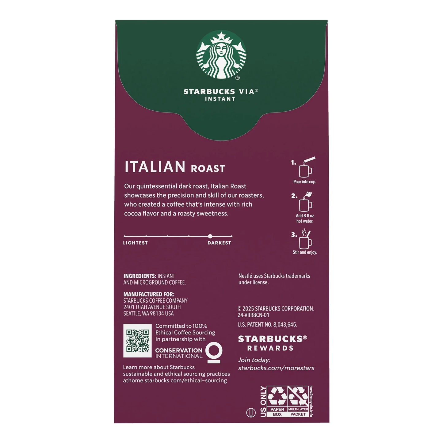 Starbucks via Instant Italian Roast, Instant Coffee, Dark Roast Coffee, 8 Packets