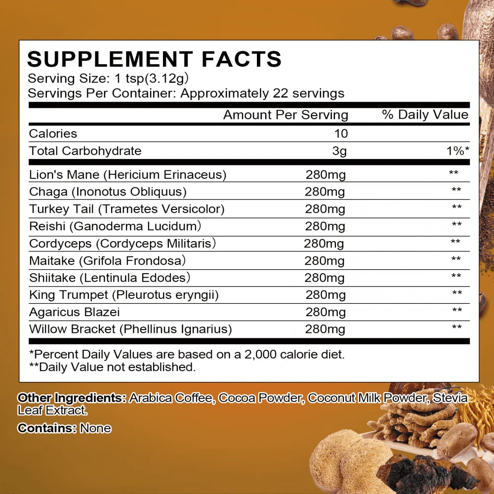 Mushroom Coffee - Organic Instant Coffee Mix with Reishi, Cordyceps, Chaga & Turkey Tail Mushrooms - Mushroom Coffee Powder for Energy & Focus, 70G/2.5Oz
