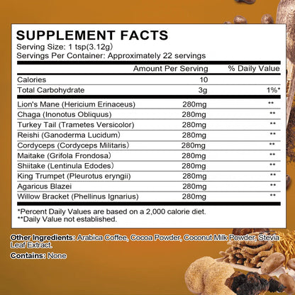 Mushroom Coffee - Organic Instant Coffee Mix with Reishi, Cordyceps, Chaga & Turkey Tail Mushrooms - Mushroom Coffee Powder for Energy & Focus, 70G/2.5Oz