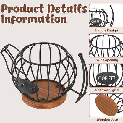 Coffee Pod Holder Organizer, Teapot Coffee Capsule Holder, K Cup Holder with Wooden Base, Wire Coffee Storage Basket, Cafe Bar Accessories