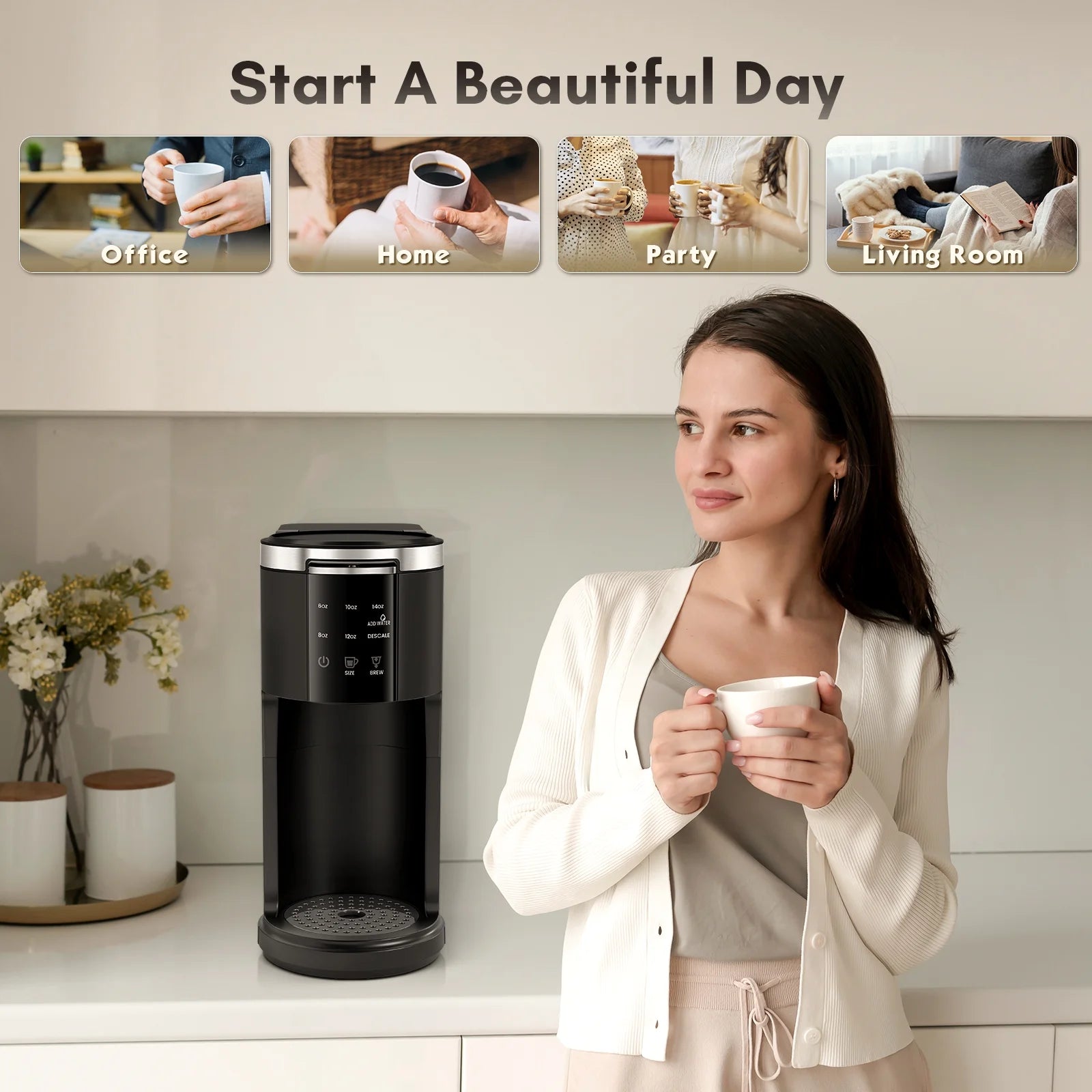 Coffee Maker 2-In-1 Single Serve Coffee Machine, for K-Cup Coffee Capsule Pod, Ground Coffee Powder Brewer, Black