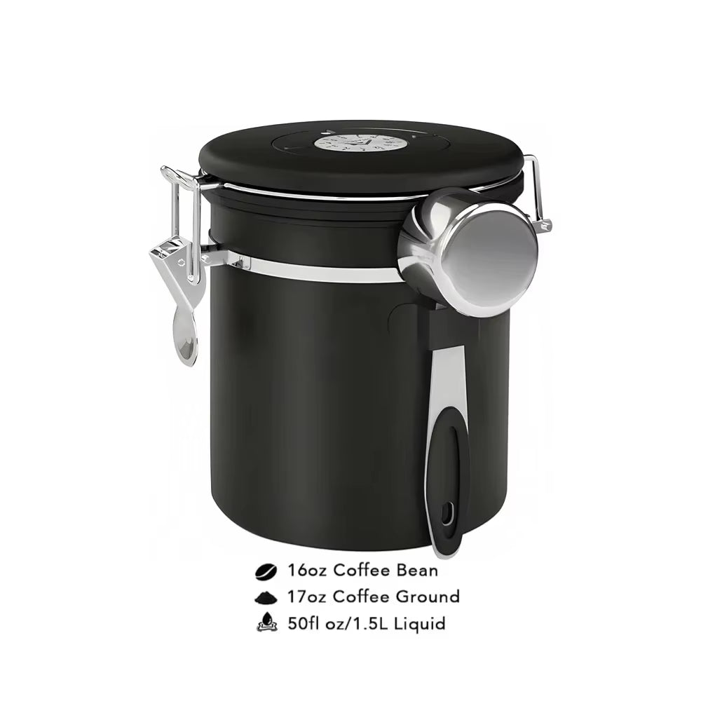 1800Ml Coffee Canister Airtight 22Oz Coffee Container Stainless Steel Coffee Bean Storage Container with Scoop for Beans Black