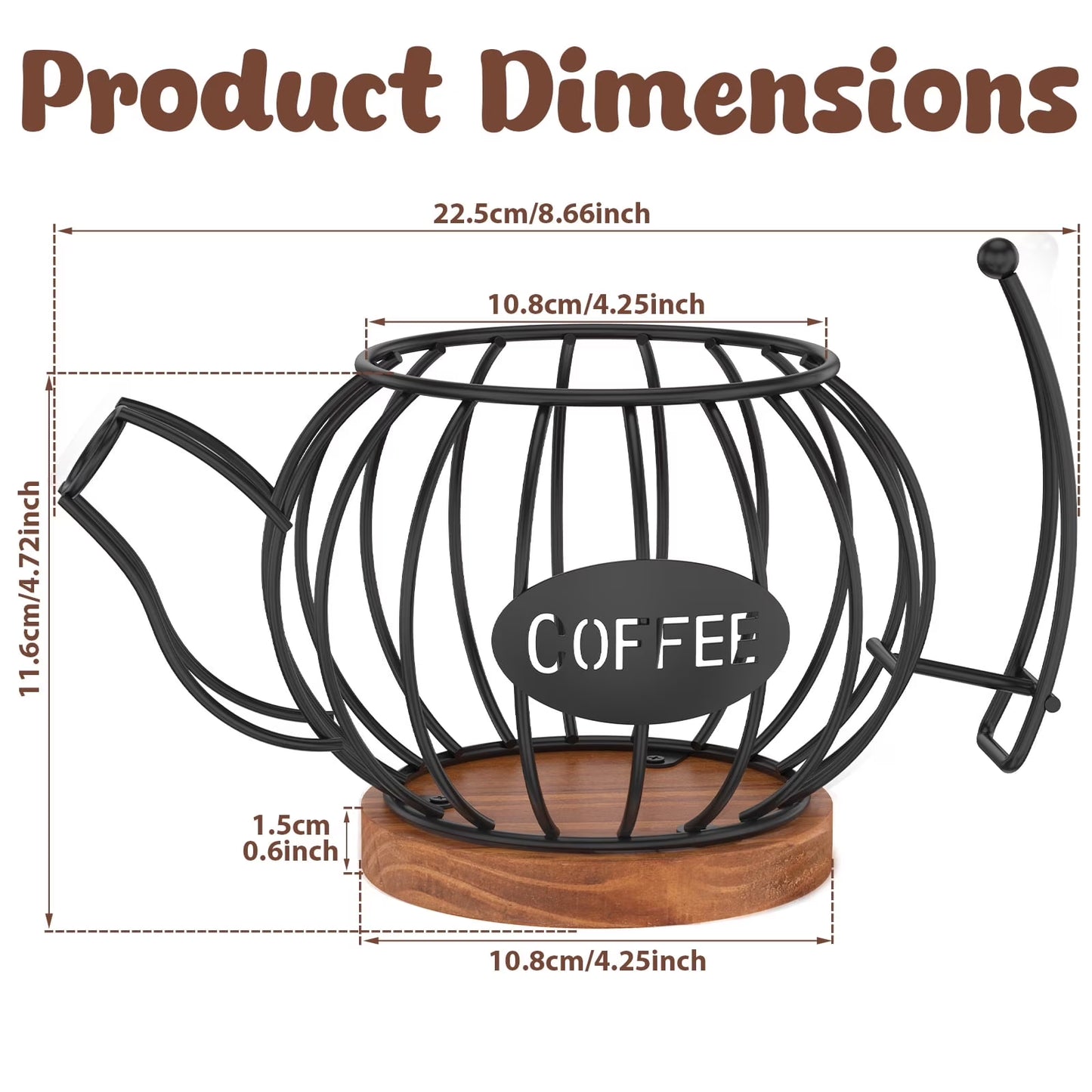 Coffee Pod Holder Organizer, Teapot Coffee Capsule Holder, K Cup Holder with Wooden Base, Wire Coffee Storage Basket, Cafe Bar Accessories