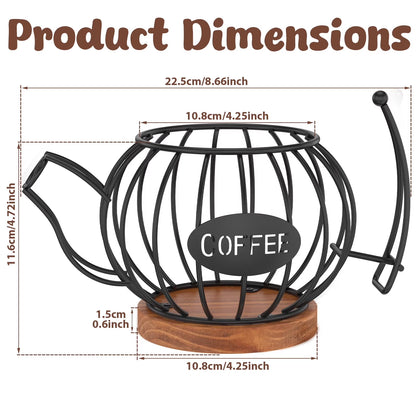 Coffee Pod Holder Organizer, Teapot Coffee Capsule Holder, K Cup Holder with Wooden Base, Wire Coffee Storage Basket, Cafe Bar Accessories