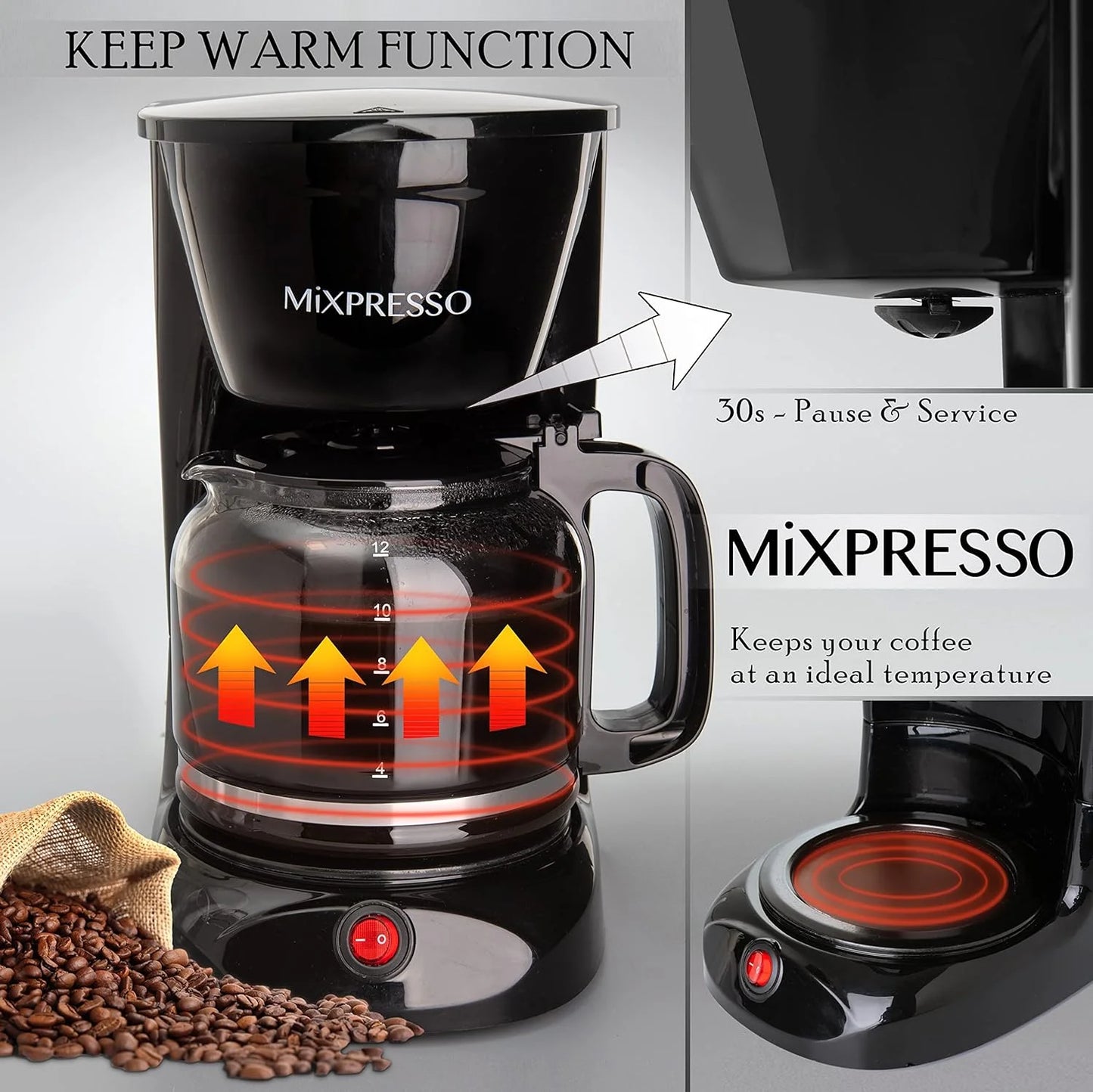 12 Cup Coffee Pot, Auto-Off & Reusable Filter, Large Drip Coffee Maker 12 Cup Borosilicate Glass Carafe, Anti-Drip Coffee Machine Water Level Window, Black Electric Coffee Maker