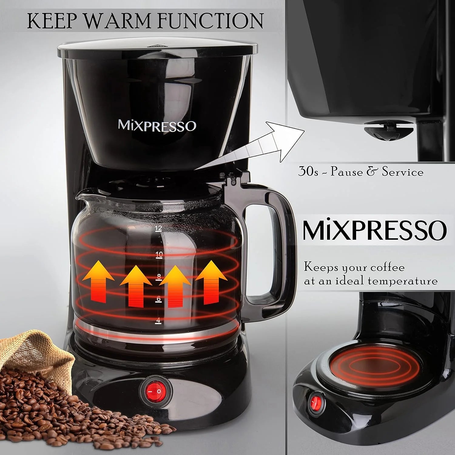 12 Cup Coffee Pot, Auto-Off & Reusable Filter, Large Drip Coffee Maker 12 Cup Borosilicate Glass Carafe, Anti-Drip Coffee Machine Water Level Window, Black Electric Coffee Maker