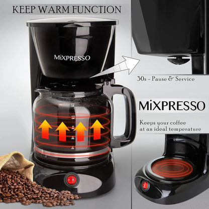 12 Cup Coffee Pot, Auto-Off & Reusable Filter, Large Drip Coffee Maker 12 Cup Borosilicate Glass Carafe, Anti-Drip Coffee Machine Water Level Window, Black Electric Coffee Maker