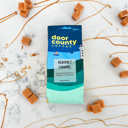 Door County Coffee Heavenly Caramel DECAF, Caramel Flavored Specialty Coffee, Caramel Flavored Coffee, Decaf, Medium Roast, Ground, 10Oz Bag