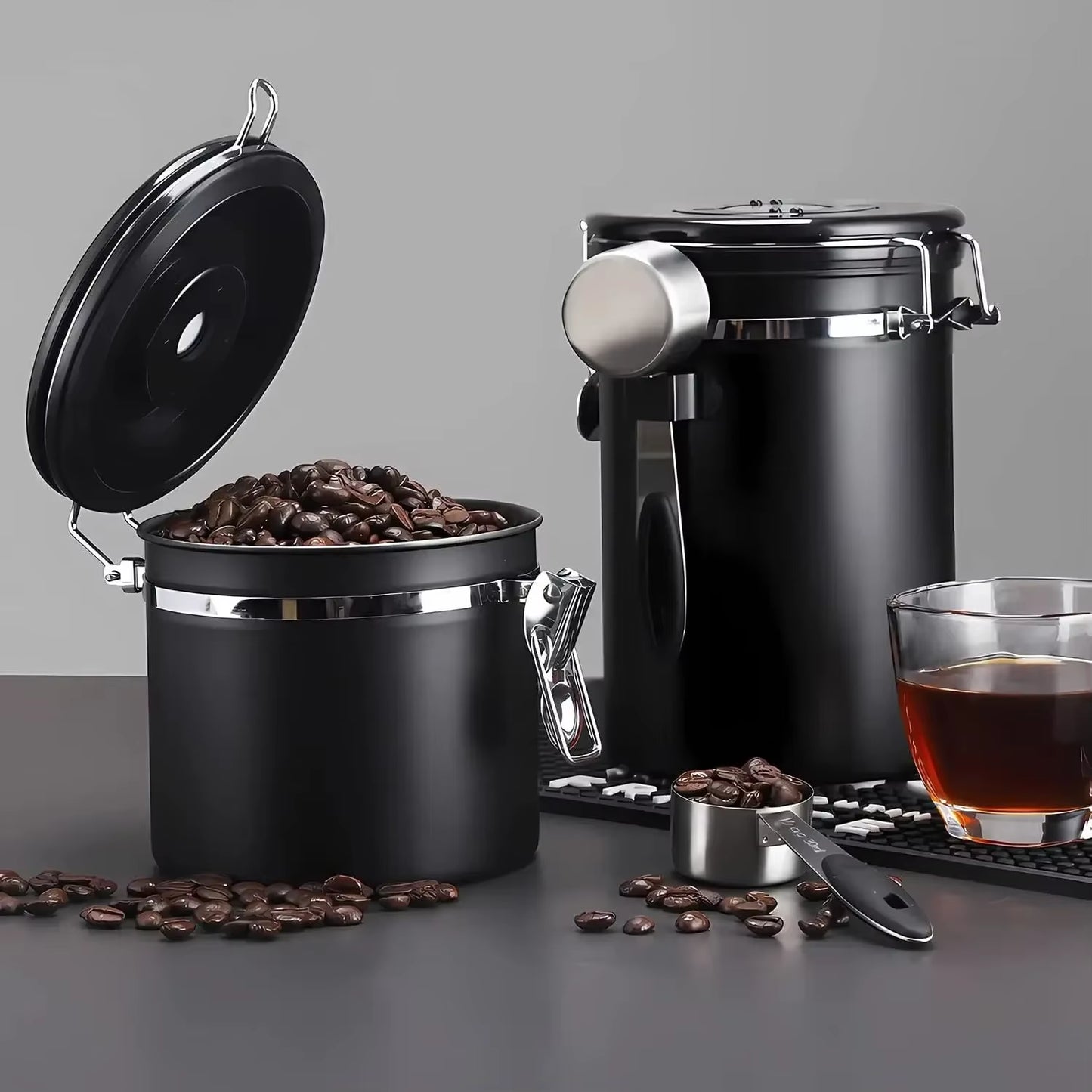 1800Ml Coffee Canister Airtight 22Oz Coffee Container Stainless Steel Coffee Bean Storage Container with Scoop for Beans Black