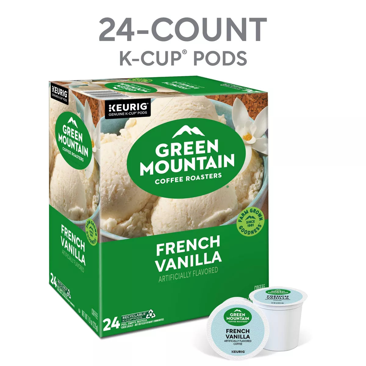 24Ct Green Mountain Coffee French Vanilla Keurig K-Cup Coffee Pods Flavored Coffee Light Roast