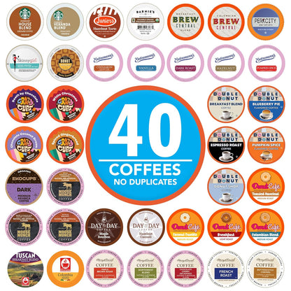 Coffee Pods Variety Pack Sampler from Top Brands, Assorted Single Serve for Keurig K Cups Coffee Makers, 40 Unique Cups