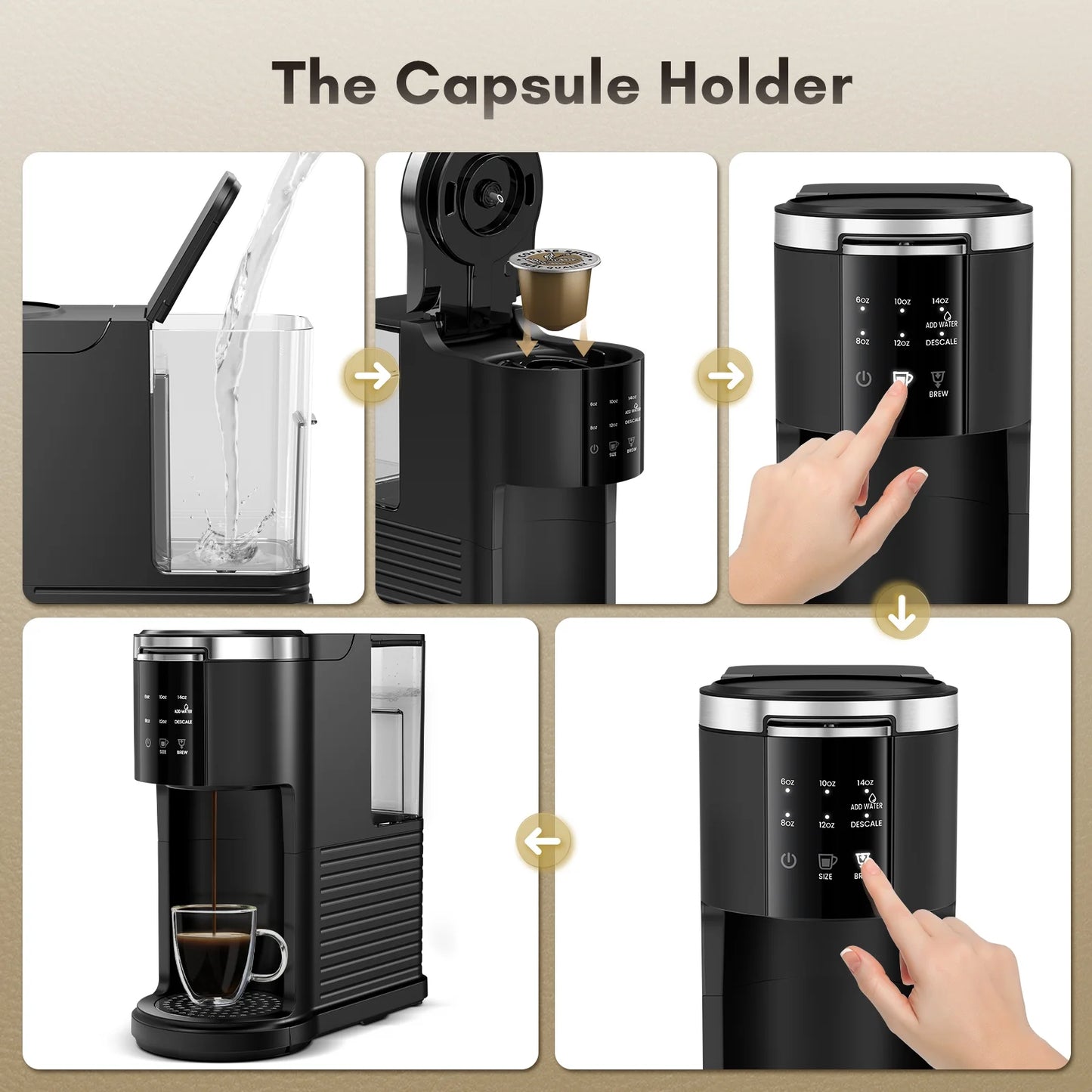 Coffee Maker 2-In-1 Single Serve Coffee Machine, for K-Cup Coffee Capsule Pod, Ground Coffee Powder Brewer, Black