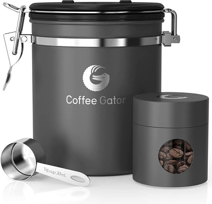 Coffee Canister Airtight, 16Oz Stainless Steel and 4Oz Borosilicate Glass Travel Kitchen Food Storage Container with Date Tracker, Scoop for Beans, Ground, Sugar, Tea, Cookies Jars
