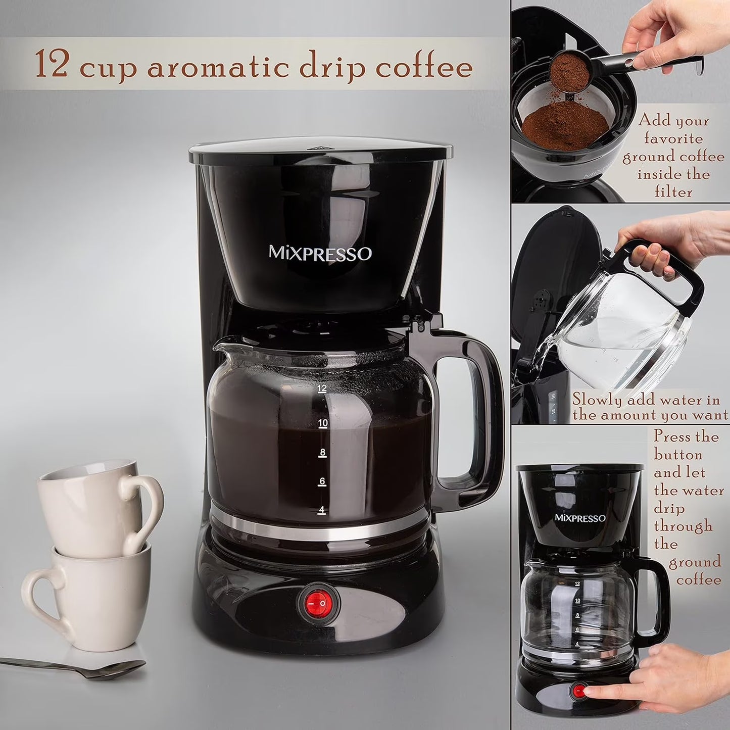 12 Cup Coffee Pot, Auto-Off & Reusable Filter, Large Drip Coffee Maker 12 Cup Borosilicate Glass Carafe, Anti-Drip Coffee Machine Water Level Window, Black Electric Coffee Maker
