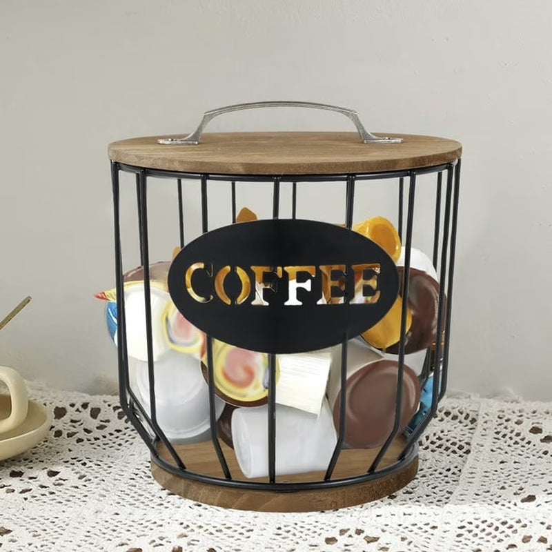 K Cup Holder Coffee Pod Holder Large Capacity Black Wire Coffee Pod Storage Organizer with Wooden Base Coffee Bar Accessories for Counter