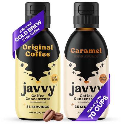 Javy Cold Brew Coffee Concentrate Bundle, 2 Flavor Original & Caramel Coffee Variety Pack, Ice & Cold Coffee Drinks in Seconds, Coffee Gifts, 12 Ounces