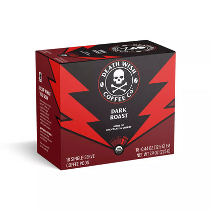 Death Wish Coffee Organic and Fair Trade Dark Roast Single-Serve Coffee Pods 18Ct/7.9Oz
