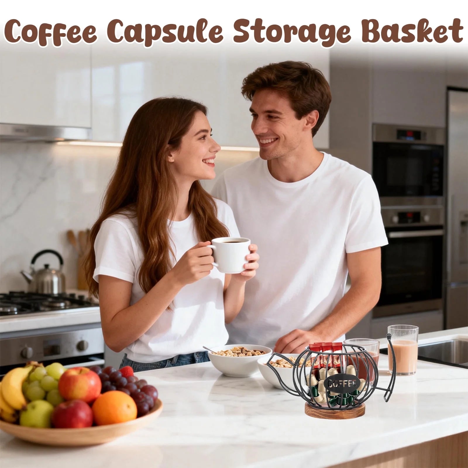 Coffee Pod Holder Organizer, Teapot Coffee Capsule Holder, K Cup Holder with Wooden Base, Wire Coffee Storage Basket, Cafe Bar Accessories