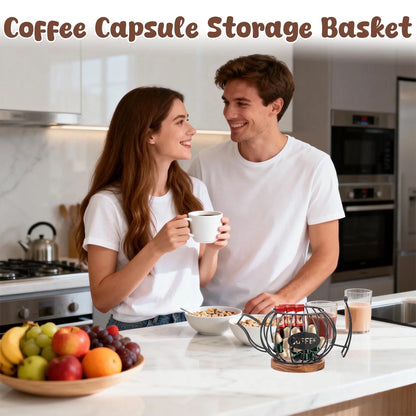 Coffee Pod Holder Organizer, Teapot Coffee Capsule Holder, K Cup Holder with Wooden Base, Wire Coffee Storage Basket, Cafe Bar Accessories