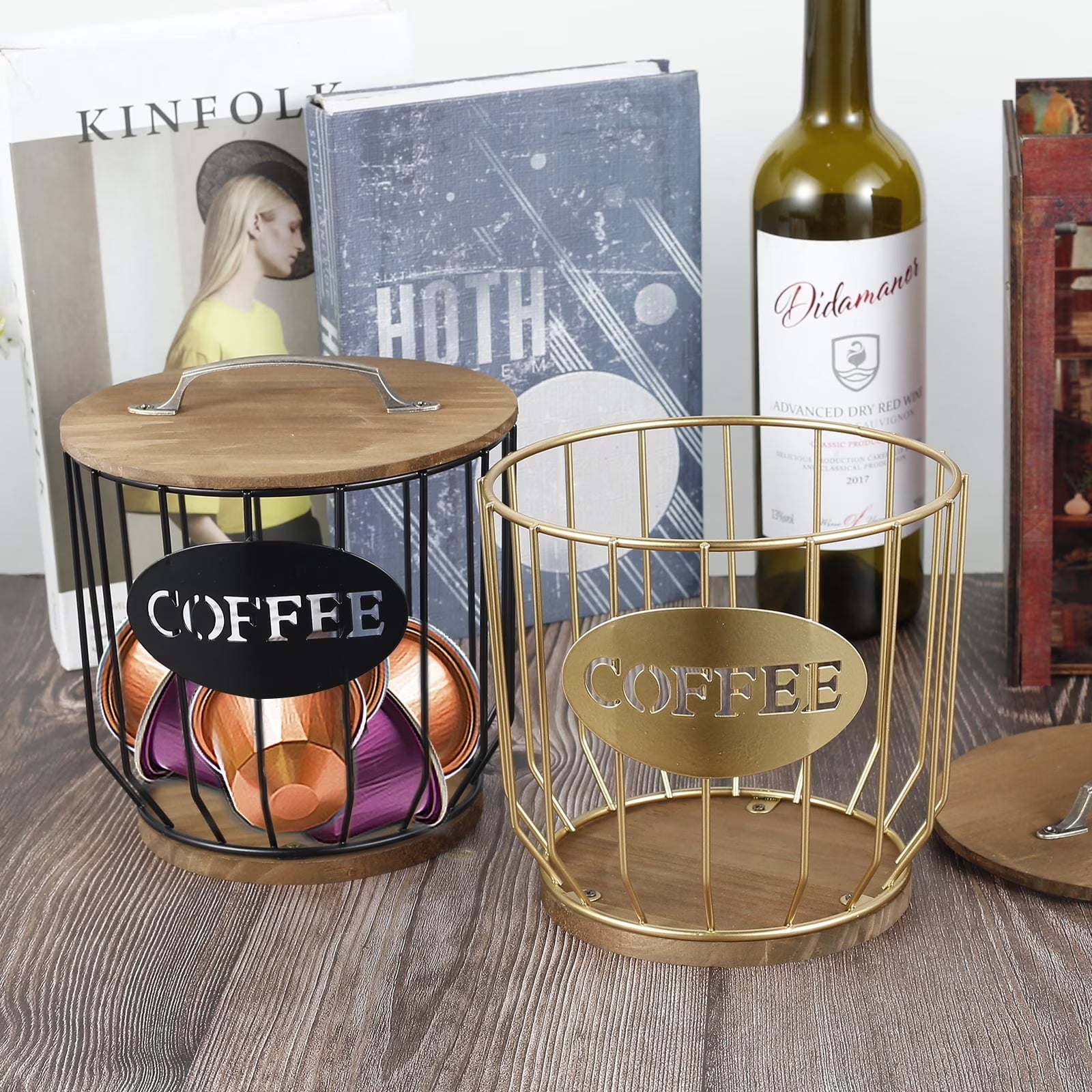 K Cup Holder Coffee Pod Holder Large Capacity Black Wire Coffee Pod Storage Organizer with Wooden Base Coffee Bar Accessories for Counter