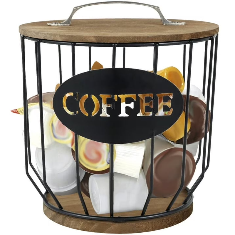 K Cup Holder Coffee Pod Holder Large Capacity Black Wire Coffee Pod Storage Organizer with Wooden Base Coffee Bar Accessories for Counter
