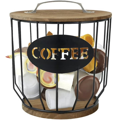 K Cup Holder Coffee Pod Holder Large Capacity Black Wire Coffee Pod Storage Organizer with Wooden Base Coffee Bar Accessories for Counter