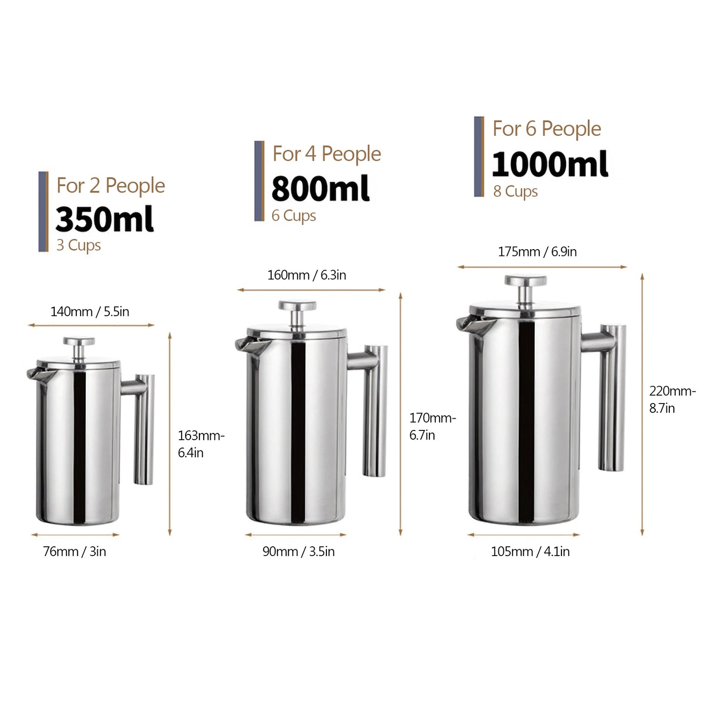 350Ml/800Ml/1000Ml French Press Coffee Maker Stainless Steel Double Walled Insulated Coffee Maker Pot Coffee Maker Coffee Pot
