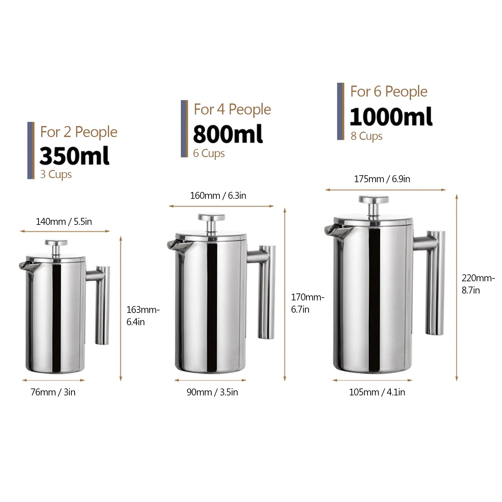350Ml/800Ml/1000Ml French Press Coffee Maker Stainless Steel Double Walled Insulated Coffee Maker Pot Coffee Maker Coffee Pot