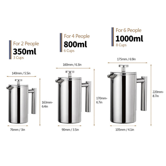 350Ml/800Ml/1000Ml French Press Coffee Maker Stainless Steel Double Walled Insulated Coffee Maker Pot Coffee Maker Coffee Pot