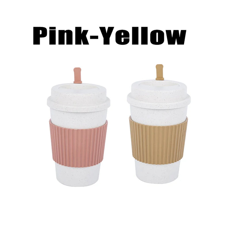 450ML Coffee Cups with Lids Wheat Straw Reusable Portable Coffee Cup Dishwasher Safe Coffee Mug Coffee Tea Travel Cups