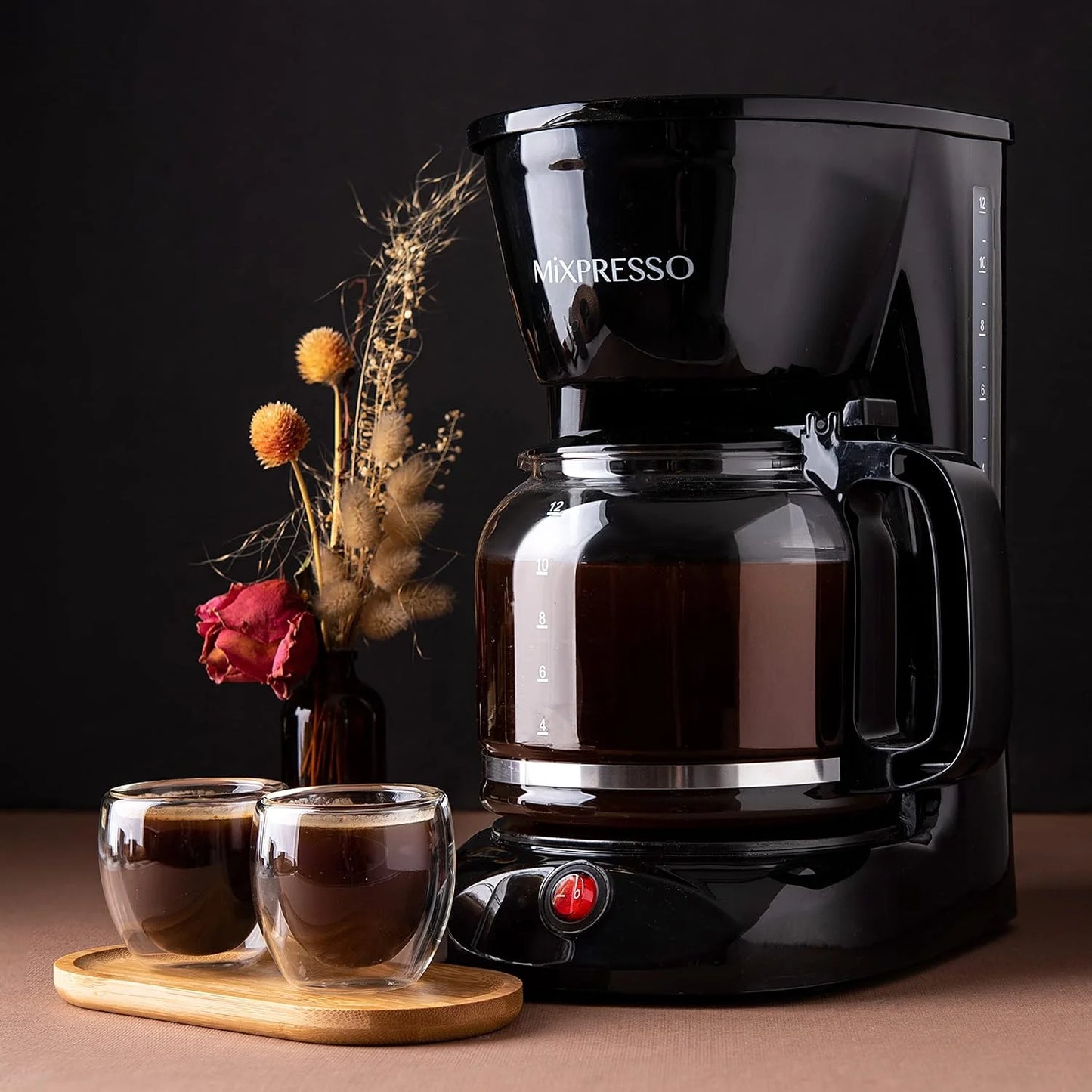 12 Cup Coffee Pot, Auto-Off & Reusable Filter, Large Drip Coffee Maker 12 Cup Borosilicate Glass Carafe, Anti-Drip Coffee Machine Water Level Window, Black Electric Coffee Maker