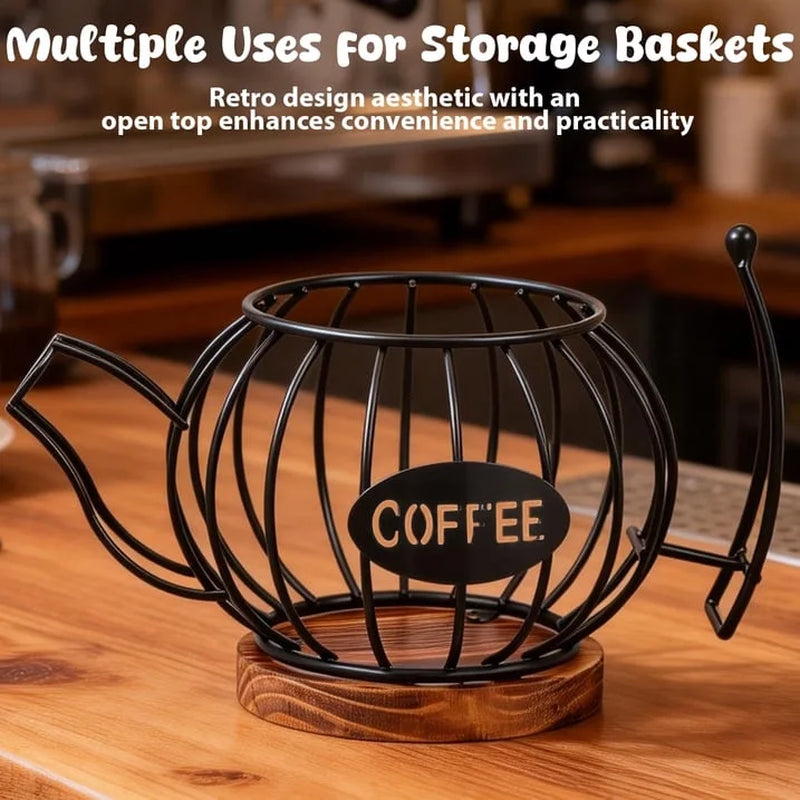 Coffee Pod Holder Organizer, Teapot Coffee Capsule Holder, K Cup Holder with Wooden Base, Wire Coffee Storage Basket, Cafe Bar Accessories