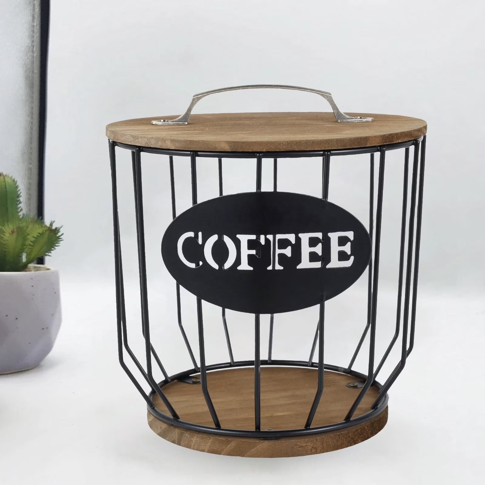 K Cup Holder Coffee Pod Holder Large Capacity Black Wire Coffee Pod Storage Organizer with Wooden Base Coffee Bar Accessories for Counter