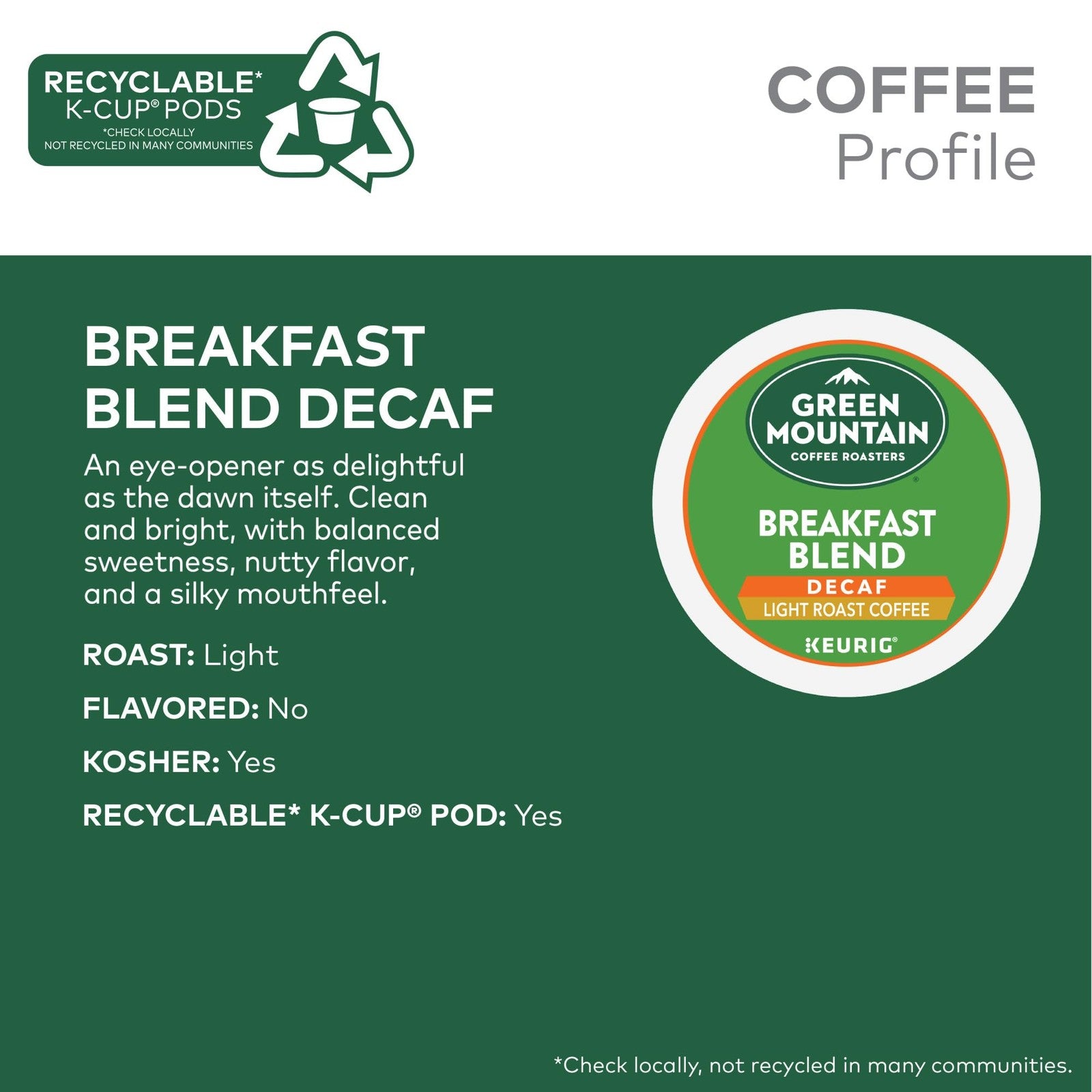 Green Mountain Coffee Roasters Breakfast Blend Decaf Coffee, Keurig Si
