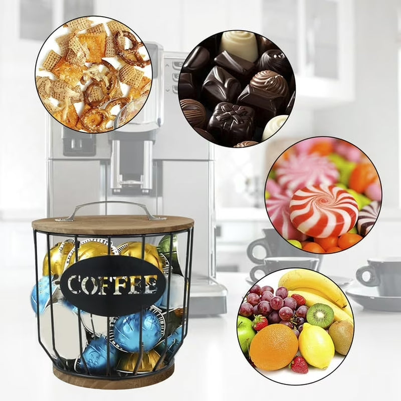 K Cup Holder Coffee Pod Holder Large Capacity Black Wire Coffee Pod Storage Organizer with Wooden Base Coffee Bar Accessories for Counter